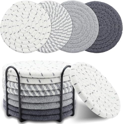 MEETOZ 8 Pcs Drink Coasters with Holder, Minimalist Cotton Woven Coaster Set, 4 Colors Absorbent Coaster Protection for Home Decor Tabletop Protection Suitable for Kinds of Cups, 4.3 In (Grey)