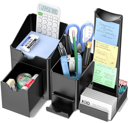 KDD 7 en 1 Juego de Organizador Escritorio Con Cajones-Organizador Escritorio con Caja Almacenaje, Colgador de Auriculares, Portalápices, 2 Cajones del Compartimento, para Notas Adhesivas, Tarjetero