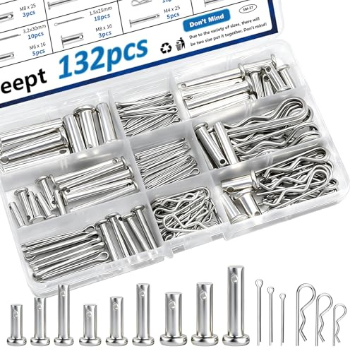 Seept 132Pcs Clevis Pin Assortment Kit - 304 Stainless Steel Cotter Pins & Carbon Steel Clevis Pins for Trailer Latch - Single Hole Clevis Pins for Versatile Use