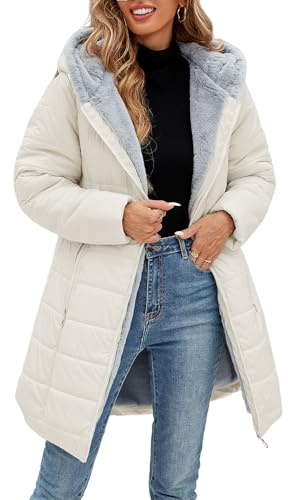 CMTOP Giacca Invernale Donna Foderati Cappotto Invernale in Pile Caldo Giubbotto Trapuntata Lungo Antivento Giacca con Cappuccio Casual Parka Cappotto Imbottito con Zip e Tasche(Beige,L)