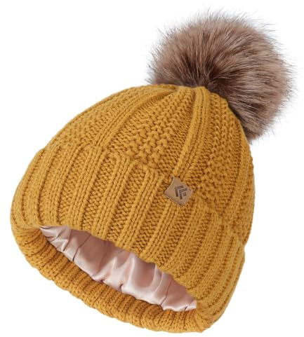 Creekstone Berretto Pompon Foderato in Raso per Capelli, Pom Pom Beanie Donna, Caldo Cappello Invernale Lavorato a Maglia con Pompon in Pelliccia Sintetica (IT, Testo, Taglia Unica, Senape)