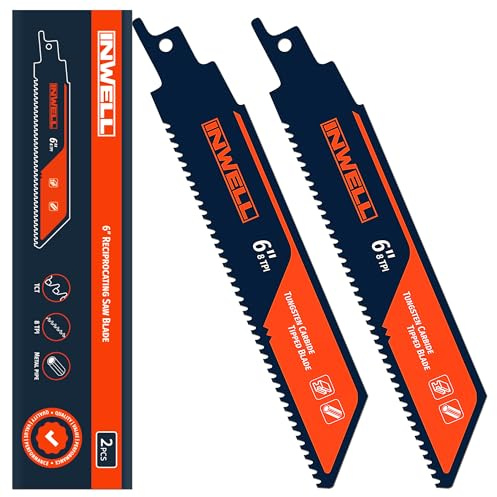INWELL 2PCS Tungsten Carbide Reciprocating Saw Blade, 8TPI Heavy-Duty Saw Blades for Thick Metal, Cast Iron, and Stainless Steel, Long-Lasting Blades for Demolition and Industrial Cutting (6 Inch)