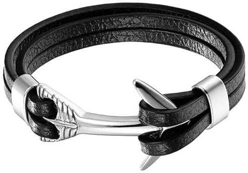 Läder Ankare Armband Män Mendes Rostfritt stål Silver Svart