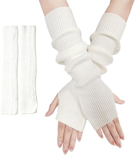 Lange Fingerlose Armstulpen,Handschuhe Winter Damen,Bequeme Warme Elastische Armstulpen,Retro-Strickhandschuhe,Gestrickt Vintage-Handschuhe Für Damen-Herrenmode-Accessoires Für Herbst/Winter (Weiß)