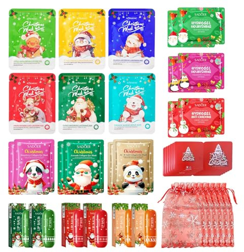 36 Pezzi Set Maschere Viso Regalo Natale, con Maschera Viso Tessuto, Patch Occhi, Maschera per Labbra, Balsamo per Labbra di Natale, Skin Care di natale per Ragazze e Donne