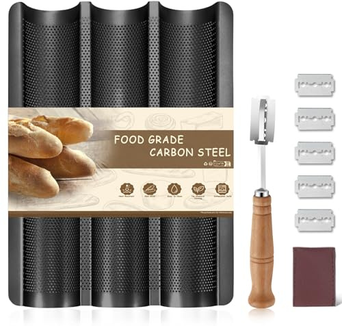 Pleafind Black Baguette Mould for 3 Baguettes with Non-Stick CoatingBaguette - Baking Tray with 3 Slots, Deep Fluted, Perforated Baguette Tray - Baguette Mould Bread Baking Accessories (Black)