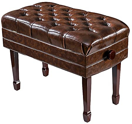 Pianopall Höjdjusterbar pianobänk med förvaringsfack Valnötsbrun träpianopall med läderstoppad sits, 80 x 43 x 55-65 cm,