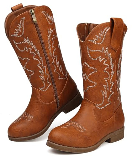 Bravover Kids Cowboy Boots for Girls Side Zip Western Stitching | Western boots round toe PU upper pull tabs low heel lined interior for parties cowgirl outfits for girls and daily wear