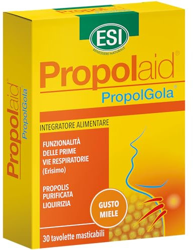ESI - Propolaid Tavolette Masticabili, Caramelle Gola Gusto Miele con Propolis, Allevia le Infiammazioni del Cavo Orale, Contrasta Sintomi da Raffreddamento, Senza Glutine e Vegetariane, 30 Tavolette