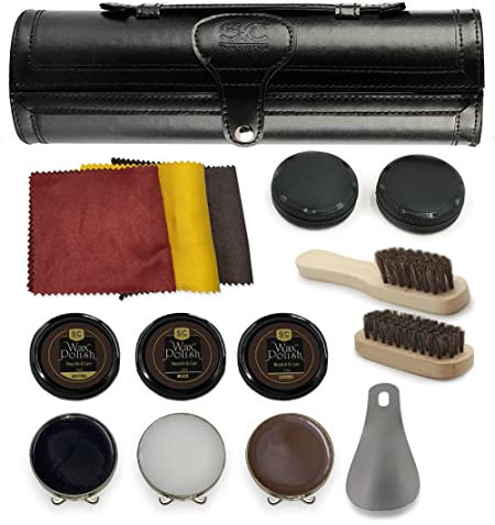 Stone & Clark 12PC Shoe Polish & Care Kit, Leather Shoe Shine Kit with Brown Wax, Shoe Brushes for Polishing (Case: Classic Black)