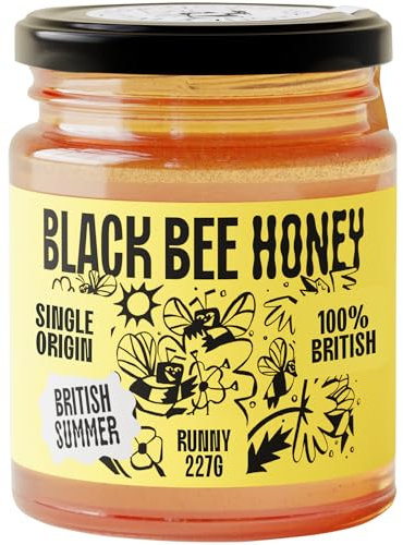 Black Bee Honey - Pure British Summer Raw Honey, Runny with a Heady Floral Flavour, Unprocessed, Single Source from Hive to Jar, Never Blended - Delicious on Toast, Soothing in Drinks, 227g Glass Jar