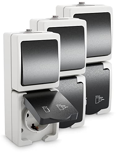 greate 3x Aufputz Schalter Steckdose Kombination mit IP54 für Feuchtraum - Steckdose Aufputz mit Wechselschalter 250V & 16A - Aufputzsteckdose mit Schalter, Steckdose Schalter Aufputz