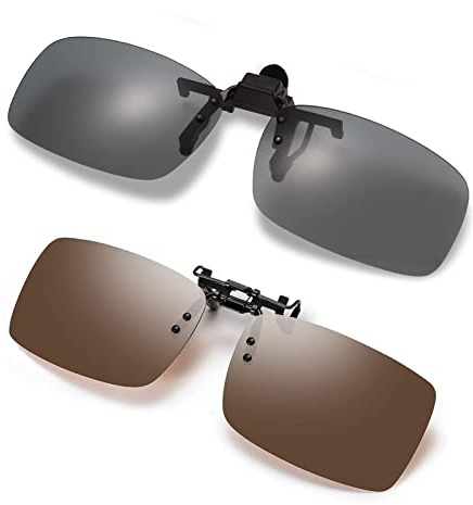 Lunettes Polarisées à Lentilles,2 pcs Clip Lunettes de Soleil Unisexe Verres Polarisés Hommes/Femmes UV400 Verres Rectangulaires sans cadre pour Conduite en plein air sport pêche Gris + Thé Couleur