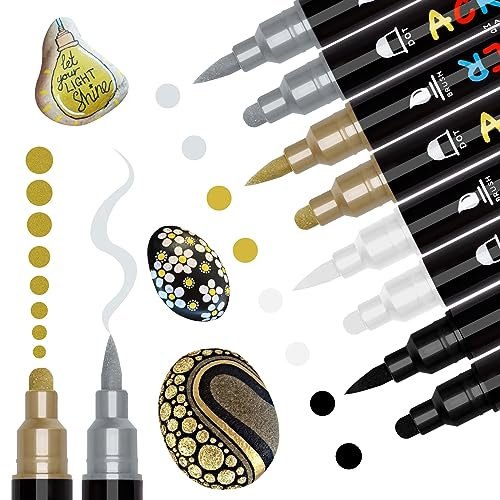 Tesquio Acrylstifte für Steine Wasserfest Dual Brush Tip 8pcs Metallic Marker Stifte Set Steine Bemalen Multimarker Acrylmarker für Holz, Leinwand, Glas, Papier, Keramik Vier Farben