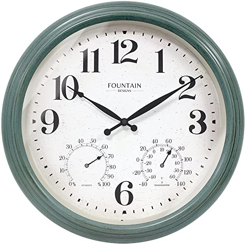 FOUNTAIN DESIGNS 18 Inch Maison in/Outdoor Clocks Waterproof, Large Outdoor Clock Thermometer Combo, 3 in 1 Weather Stations,Aged Teal