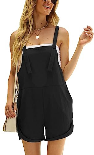 KOEMCY Womens Strappy Overalls Sleeveless Jumpsuit Baggy Playsuits Summer Button Suspender Bib Overalls Dungarees with Pockets (Black, M)