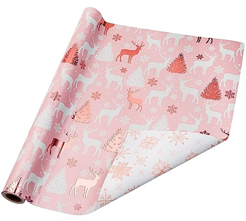 Holijolly Vändbar julpresentpapper rulle - Rene och snöflingor i rosa - 43,2cm x 10m (46,45 kvm ft.)