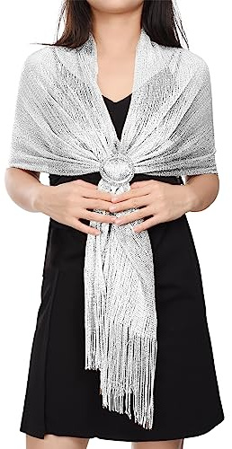 Voqeen Femme Châle Écharpe avec Frange Élégant Vintage Scintillant Foulard Châle Pour Cérémonies Soirée Fêtes Mariage Or Argent Beaucoup de Choix de couleurs (Blanc)