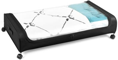 QWORK® Caja de almacenamiento bajo cama con ruedas, con tapa transparente y estructura de metal (80x40x18 cm)
