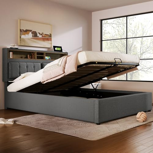 FEZTOY Polsterbett 160x200, Hydraulische Doppelbett mit USB C Steckdose, verstellbar Kopfteil, Rückenlehne Bett mit Stauraum und Lattenrost, Stauraumbett Jugendbett (Grau-onhe Matratze, 160x200)
