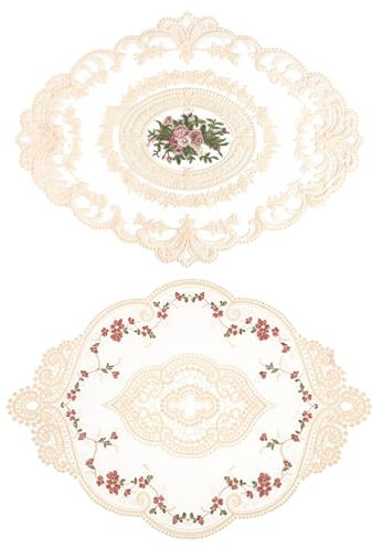 Retro Lace Placemats, Flower Embroidered Table Mats, 2pcs Lace Table Doilies Beige, Oval Place Mats 31 x 42 cm, 31 x 44 cm, Doilies Coasters Rustic Farmhouse Decor for Home Cafe Garden