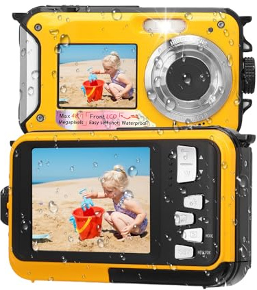 Undervattenskamera, 11FT Vattentät Kamera, Full HD 2,7K 48MP Autofokus Selfie Dual Screen Vattenkamera med Flytande Rem, Fill Light Undervattenskamera för Snorkling (Gul)