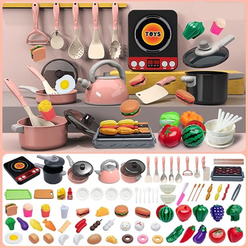 AQXONG Accessoire Cuisine Enfant, Jouet de Jeu de Rôle de Chef pour Enfants, Pots et Casseroles Jouet, Jeu de Rôle de Chef Adapté aux Garçons et auxFilles âgés de 3 4 5 6 7 8 Ans（76Pcs）