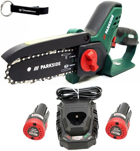 HEADNMORE® Bundle – ParKSIDE® 12 V batteri träskärare grensåg grensax PGHSA 12 HEADNMORE® nyckelring (2 x 2 Ah batteri)