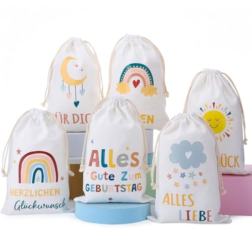 woric 6 Stück Stoffbeutel Klein, 20x30 cm Geschenksäckchen Baumwollbeutel mit Kordelzug Geschenkbeutel Geburtstag Regenbogen Geschenk zur Geburt Kommunion Hochzeit Taufe Baby Shower Party (6 Designs)