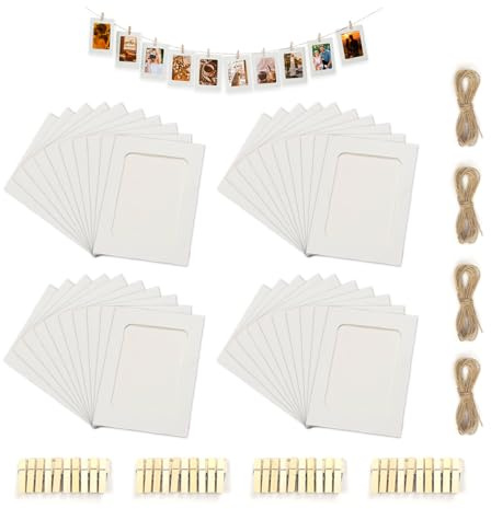 YZROHYI 40 Piezas Colgar Fotos con Pinzas,Marcos de Fotos Carton,Cuerda Fotos Pared con 40 Pinza Madera y 4 Cuerda de Yute,Cuelga Fotos Decorativos,Marco de Cartulina para Fotos para Fiesta