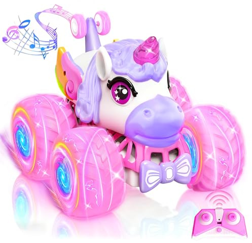 Unicorno Macchina Telecomandato per Bambini - Auto Stunt Rotante a 360° con Luci a LED, Giocattolo Auto Telecomandata 2,4 GHz per Interno Esterno Regali di Compleanno per Ragazze dai 3+ Anni