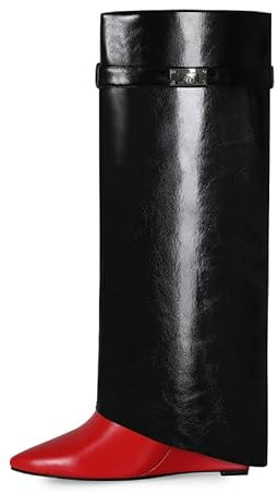 Veelau Meieer Stivali da donna alti al ginocchio, pieghevoli, eleganti, con risvolto, nero/rosso., 39 EU