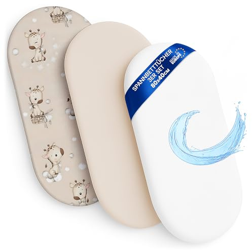 Dra-på-lakan Barnvagn Set om 3: 40x80 cm med elastisk kant – 2x Lakan Baby & 1x Vattentät Madrasskydd – babysängtillbehör för spjälsäng sidosäng vagga och resesäng Giraffer