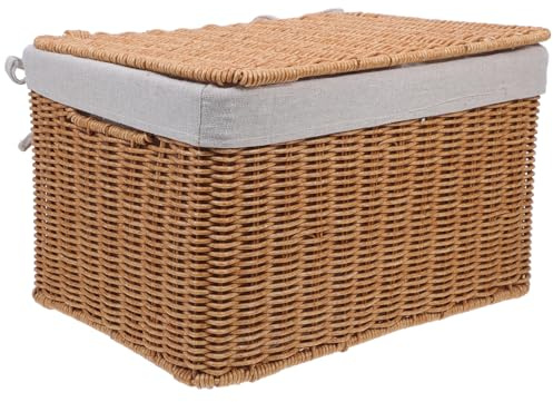 POPETPOP Panier de Rangement en Osier Grosse Taille 36x26x21 Cm Rangement Élégant avec Couvercle et Doublure en Tissu avec Poignées Faciles à Transporter, pour Vêtements et Jouets