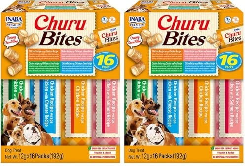INABA Churu Bites Perros - 4 variedades de sabores - Palitos crujientes con Relleno cremoso, Aperitivo Delicioso y Saludable - Alimento con proteínas, sin colorantes ni conservantes - 192g (16x12g)