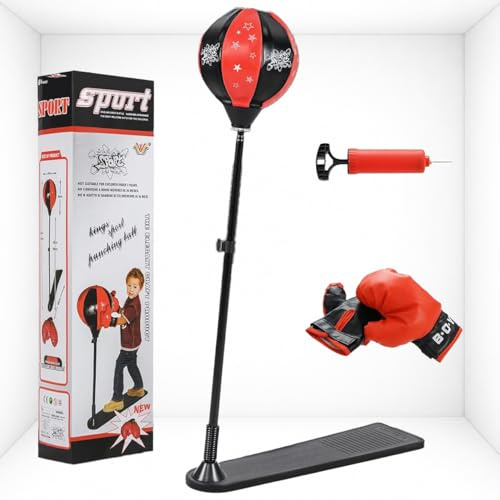 Toyana Kids Punch Ball with Stand - Height Adjustable (85-130cm) Boxing Set, Reflex Speed Punching Bag with Boxing Gloves & Pump, Free Standing Non-Slip Base for Children 8+ Years