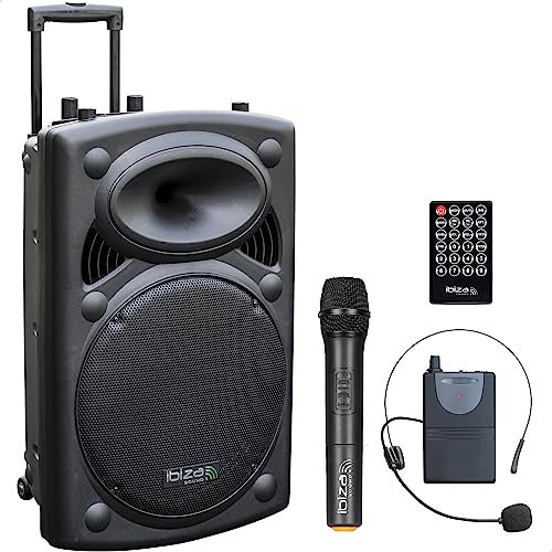 Ibiza - PORT15UHF-BT - Altavoz portátil 15/800W MAX con 2 micrófonos (UHF), Mando a Distancia y Funda Protectora - Bluetooth, USB, SD & TWS - Autonomía de 6 a 8h - Speaker Box