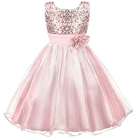 Discoball Vestido para niñas - Vestidos de princesa de dama de honor para fiesta de desfile de flores de tul con lentejuelas [Rosado - 9-10 Años]