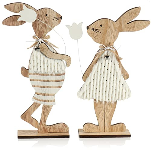 com-four® 2x Espositori decorativi per Pasqua - coniglietti pasquali in legno decorativi con fiocco - decorazione in legno da posare (2 pezzi - bianco/marrone)
