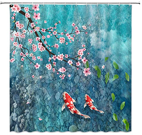 HYKHYK Cherry Blossoms Shower Curtain Koi Fish Japanese Pond Pink Flower Asian Watercolor Carp Nature Fabric Bathroom Decor Set with Hooks(70 WX70 H)