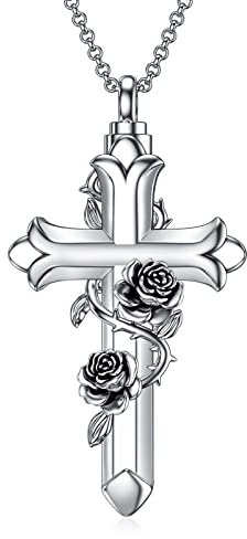 ROMANTICWORK Collier Urne Funéraire Argent Sterling Pendentif Croix Rose Urne pour Cendres Funéraire Crémation Souvenir Bijoux Cadeau pour Femme Fille