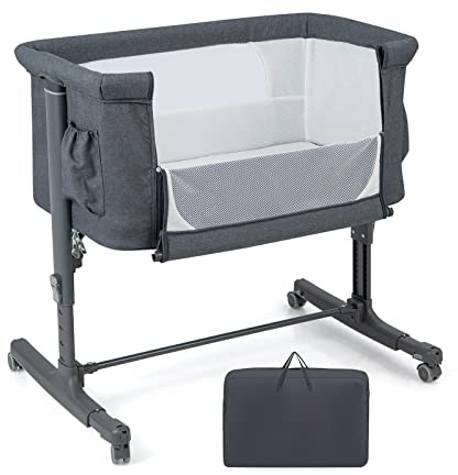 GYMAX 3-in-1 Baby Beside Crib, Height & Angle Adjustable Side Bassinet with Lockable Wheels and Carry Bag, Mesh Window Toddlers Bassinet Bed Playpen Nursery Center for Newborn (Gray)