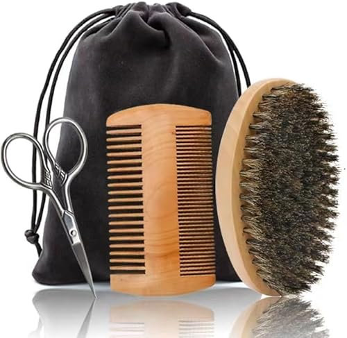 Beard Comb Brush Set with Beauty Trimming Scissors, Wooden Boar Bristle Beard Brush, Anti Static Moustache Pocket Comb, Portable Hair Comb for Combing Beard Hair, Removing Debris, Massages Face