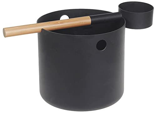 DMAIS Secchio per sauna fatto a mano, 20 cm, secchio da sauna da 7 l, in alluminio, grande con cucchiaio, secchio nero per sauna con manico in legno, set di cucchiai con manico lungo, mestolo abbinato