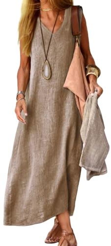 Juketron 2024 Abiti Estivi Donna Scollo a V Senza Maniche Canotta Abito Lungo Tinta Unita Abiti da Spiaggia in Lino di Cotone Abito Estivo Allentato Casual