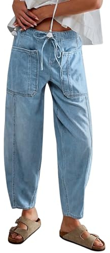 LifeShe Women's Wide Leg Baggy Jeans Elastic Waist Barrel Jeans Trendy Loose Drawstring Ankle Denim Pants Light Blue