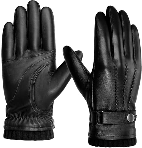 BISON DENIM Gants en cuir pour homme - Doublure en cachemire chaud - Coupe-vent - Fonction écran tactile, Noir , XXL