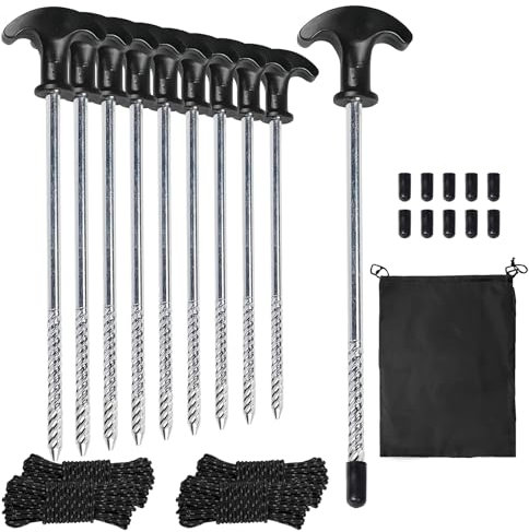 10x Zeltheringe Stahl Stabil mit Schutzkappe Tragetasche,Heringe Erdnägel Stabil für Harte Böden,Schraubheringe Camping mit T-Griff für Sandboden,Wald, Wiesen
