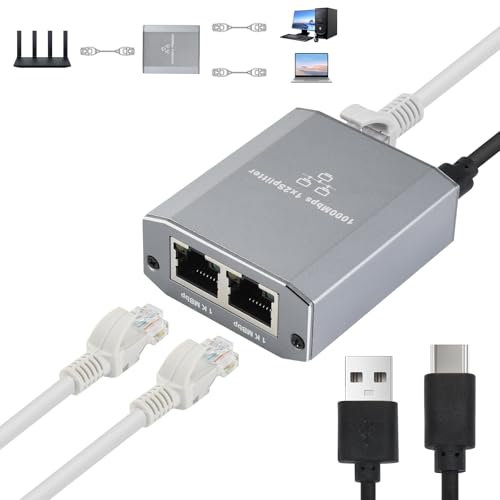 ELUTENG Ethernet Splitter Gigabit 1 a 2 1000Mbps Divisor de Internet LAN con Cable de Alimentación USB C, 2 Puertos Conmutador de Red RJ45 para Ordenadores Hubs Switches Televisores Routers ADSL