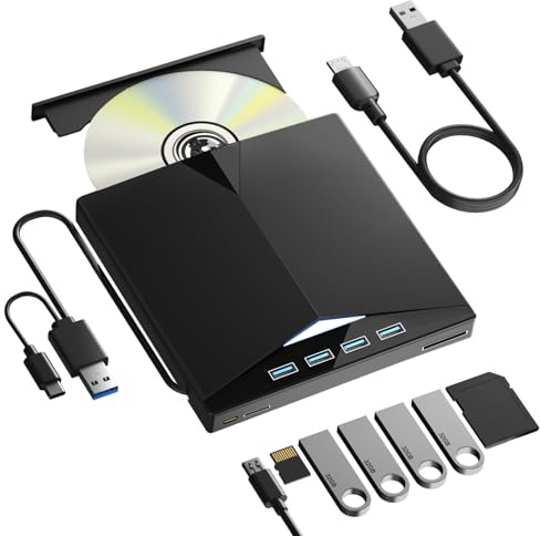 External CD/DVD Drive for PC, Portable 7 in1 USB 3.0 CD Drive External Usb, CD Reader for PC CD Burner with 4 USB Ports and TF/SD Card Slots, External Dvd Burner for Windows 11/10/8/7/XP/Linux/MacOS